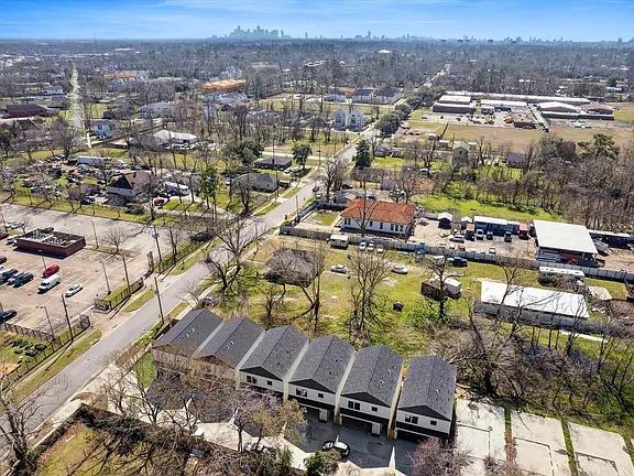 Aerial of the Bianco Lane block in northwest Houston looking toward the downtown skyline, Bianco Lane, Houston TX 77091