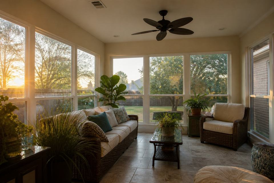 Four-season sunroom with insulated walls and large windows