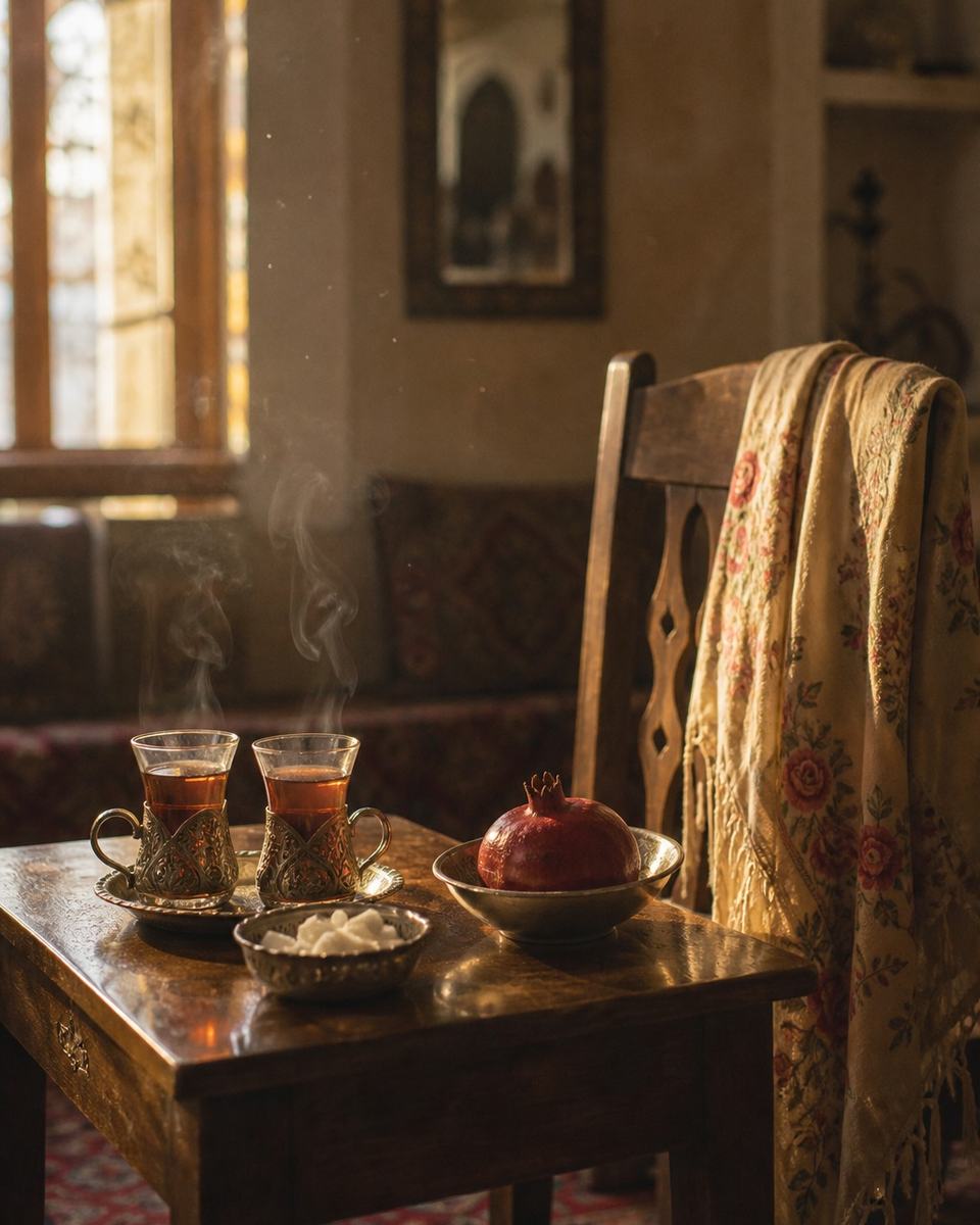 A Persian home at golden hour: two glasses of tea still steaming, a bowl of pomegranate, and an embroidered scarf over an empty chair