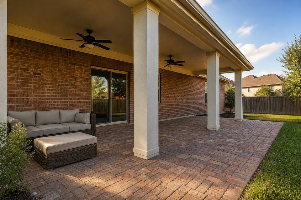 Covered Houston patio before a glass enclosure