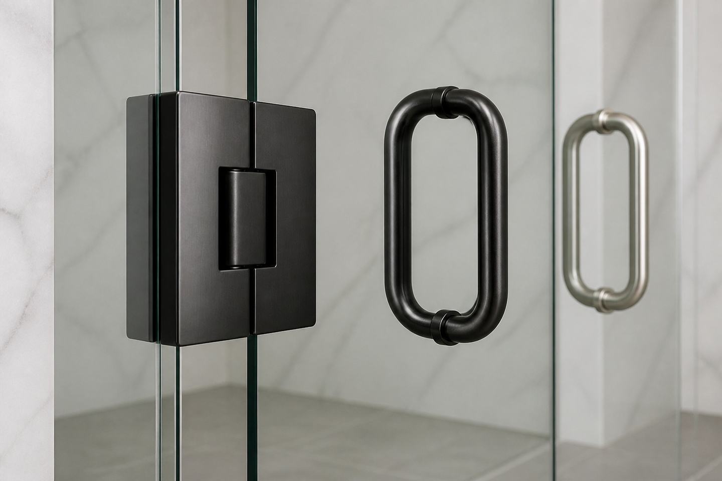 Matte black frameless shower hinge and handle on tempered glass
