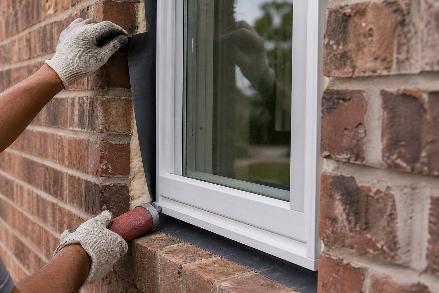 Vinyl window being set and flashed on a Houston brick home
