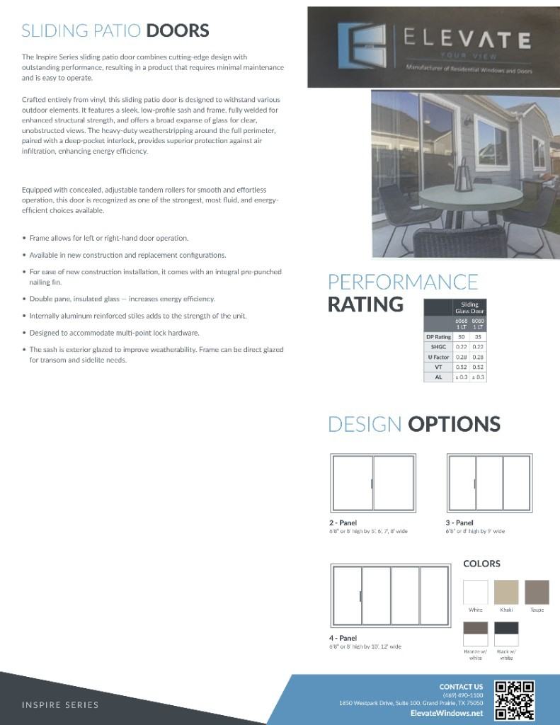 Elevate Inspire Sliding Patio Doors Specification Sheet