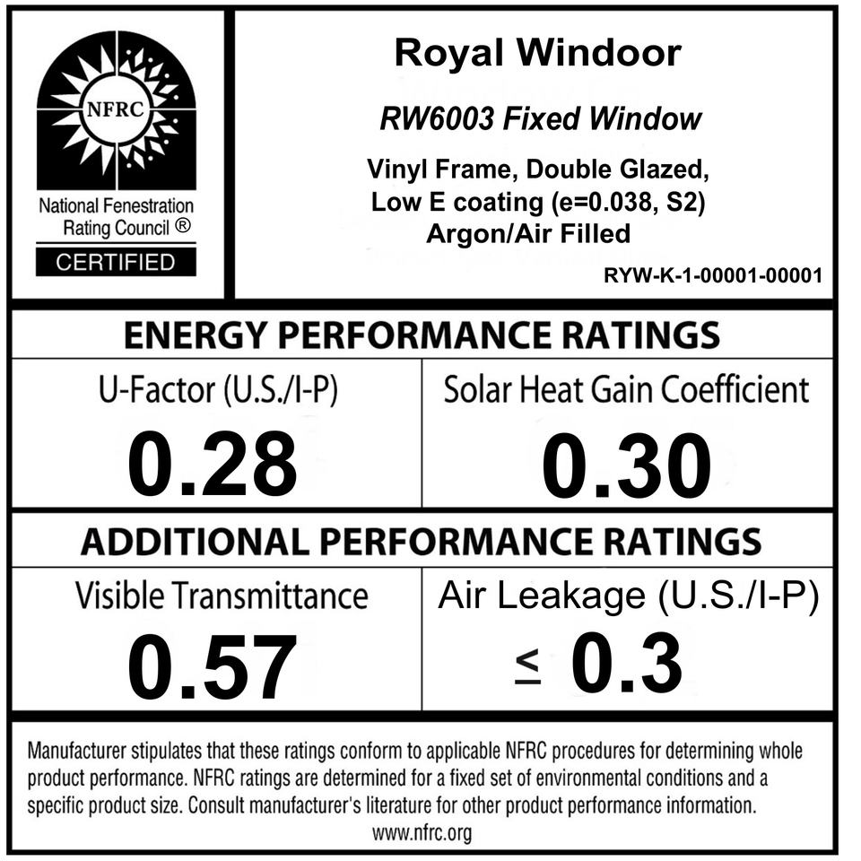 Official Royal Windoor RW6003 NFRC Certified Energy Performance Label verifying U-Factor 0.28, SHGC 0.30, and Air Leakage <= 0.3.