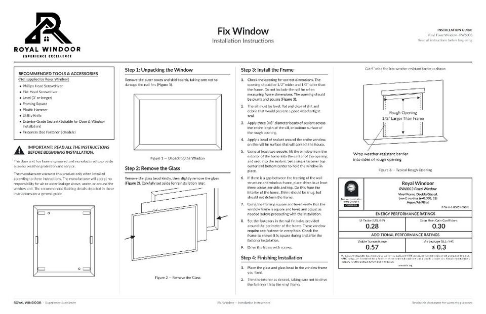 Royal Windoor RW6003 Fixed Window Installation Instructions