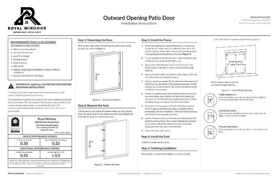 Royal Windoor RW6003 Outward Opening Patio Door Installation Instructions